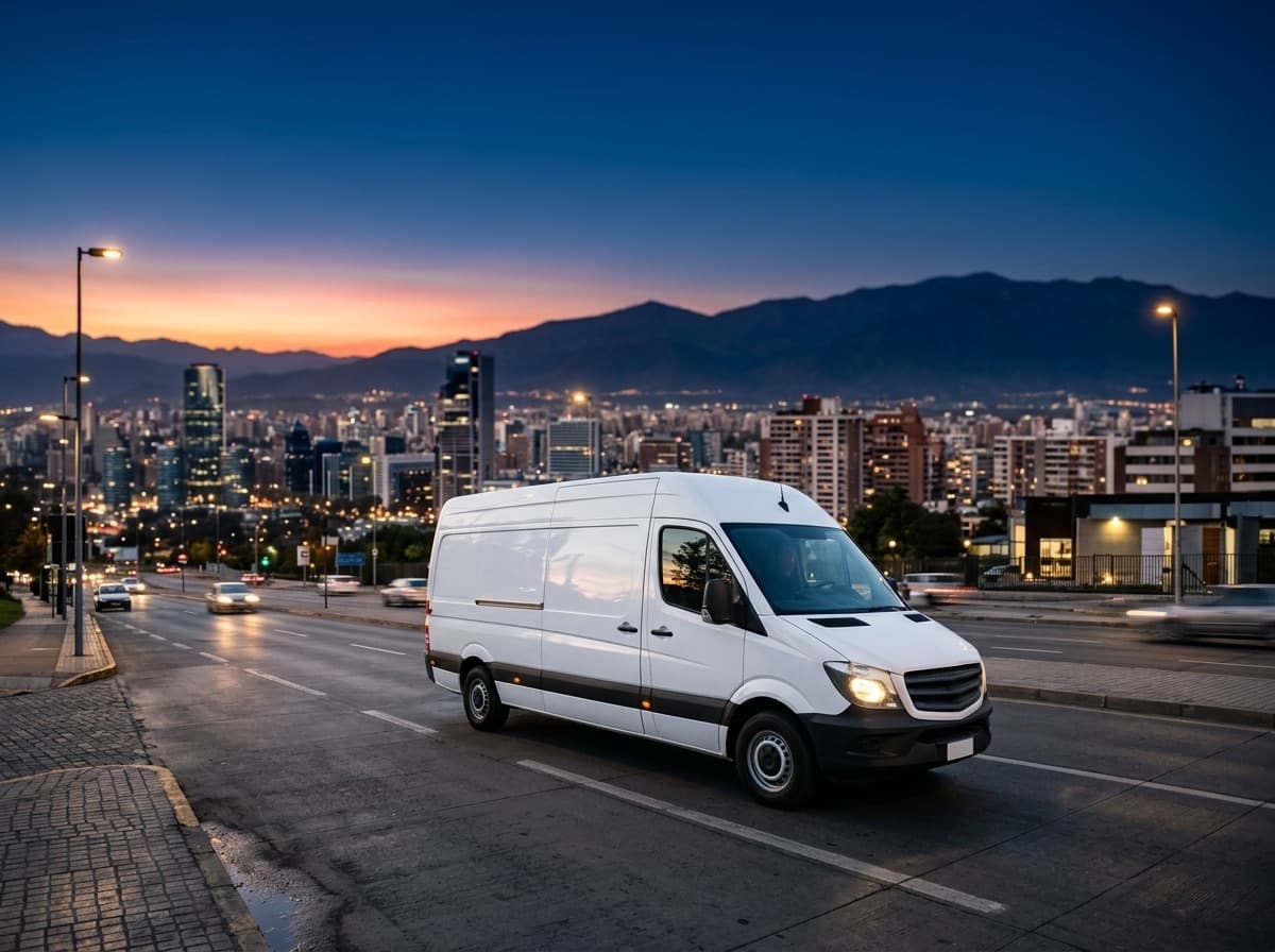 Furgón de reparto en ruta urbana al atardecer